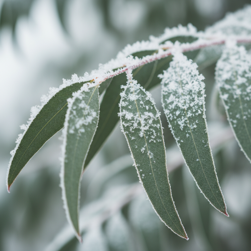 a close of eucalyptus covered in snow