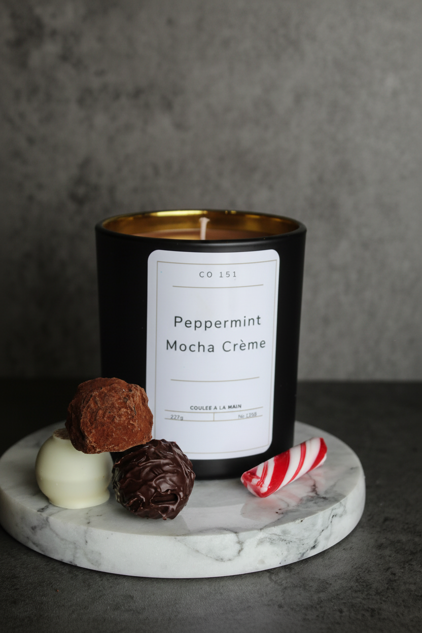 Peppermint Mocha Crème candle with shorter wick
